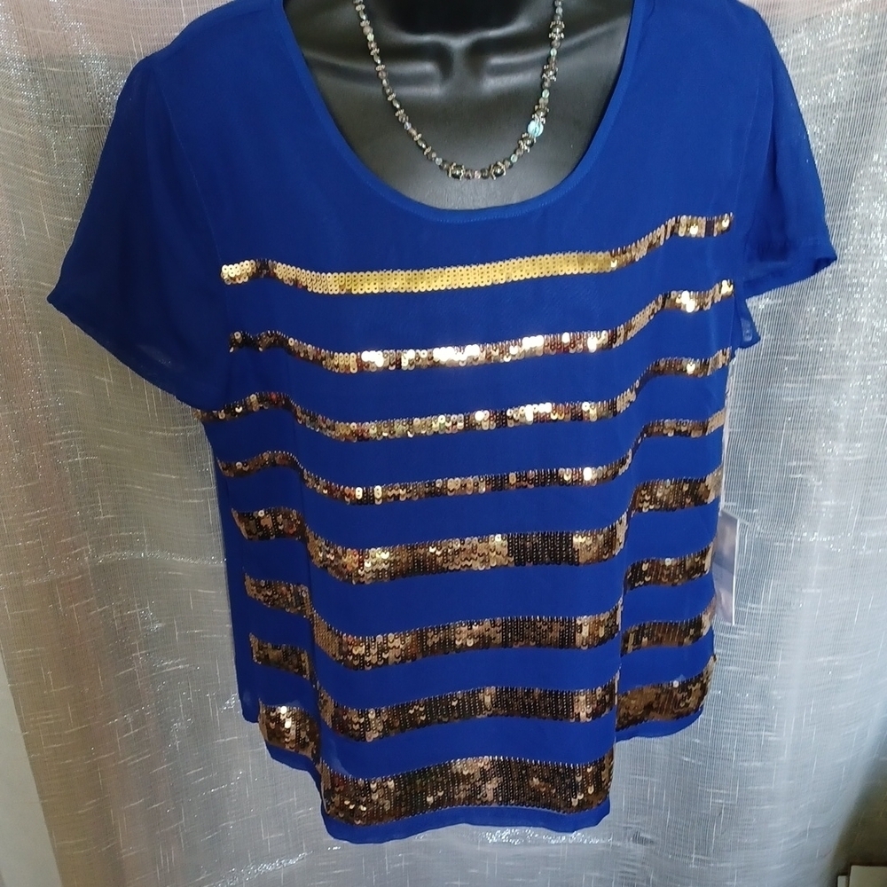 Jennifer Lopez sequin navy top SZ L, 21" PTP, 24" L